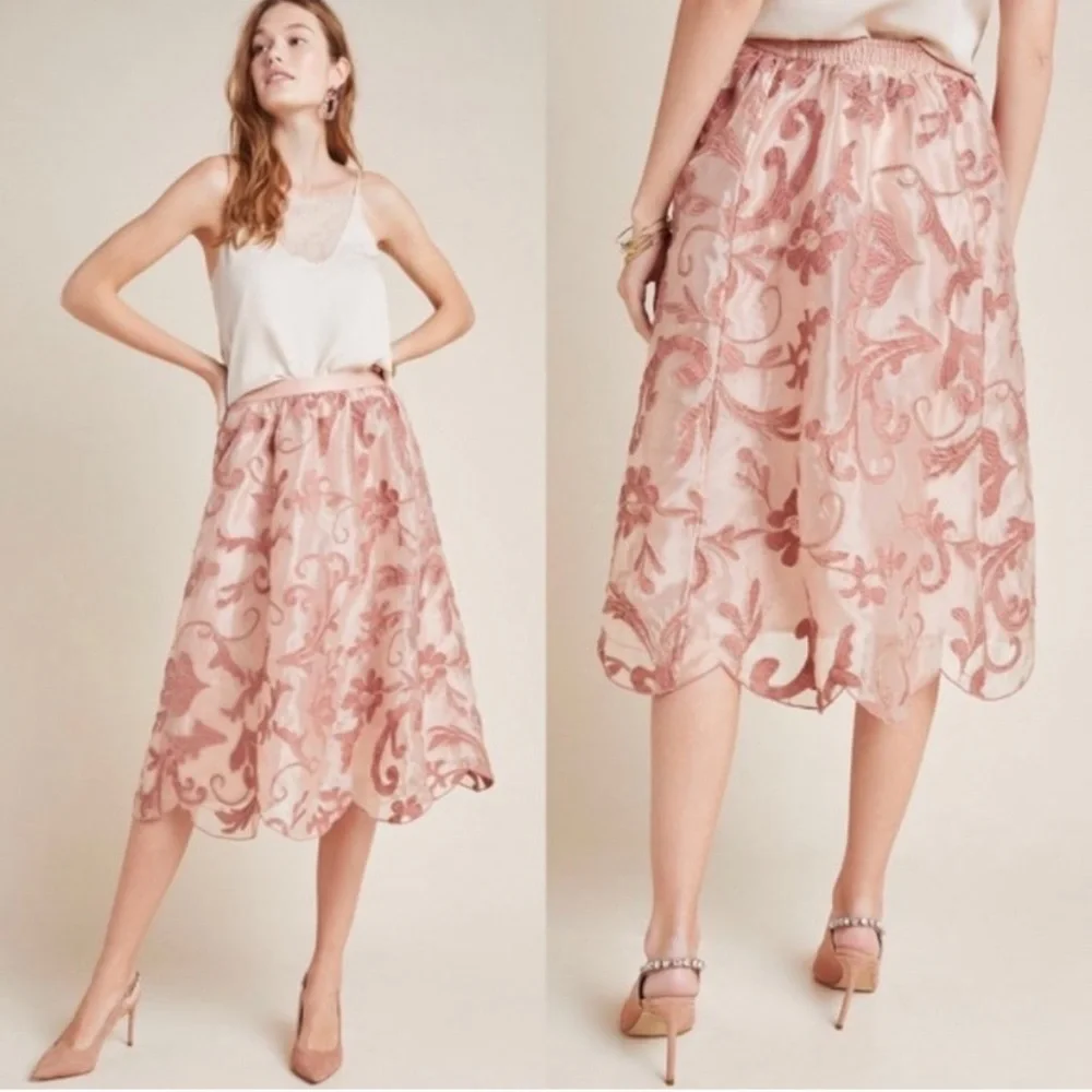 Anthropologie Pink Embroidered Midi Skirt - Picture 1 of 7